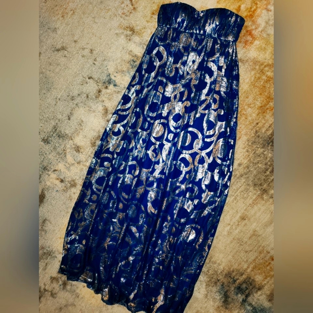 Aqua Silk Turqoise & Gold Metallic Full Length Strapless Dress